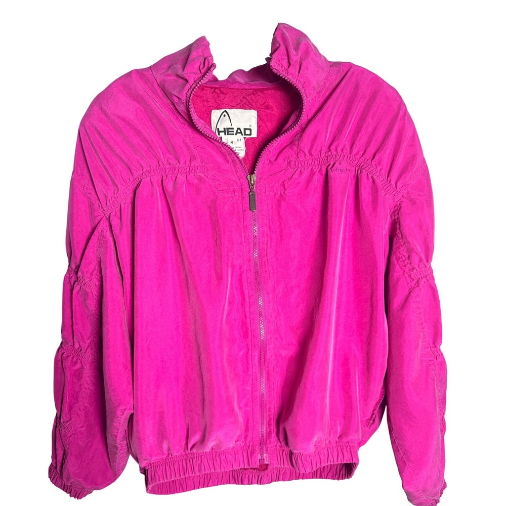 Head Silk Bomber Jacket Womens Medium Pink 90s Vintage Ruched Zip Funnel Neck